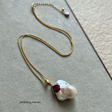Charger l'image dans la galerie, Rainbow iridescent baroque pearl, watermelon tourmaline pendant necklace