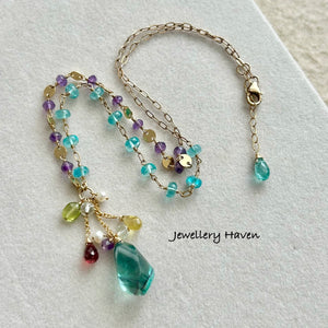 Teal green fluorite with amethyst and apatite necklace