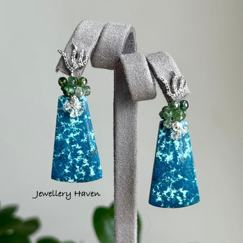 Shattuckite, green tourmaline and Herkimer quartz earrings