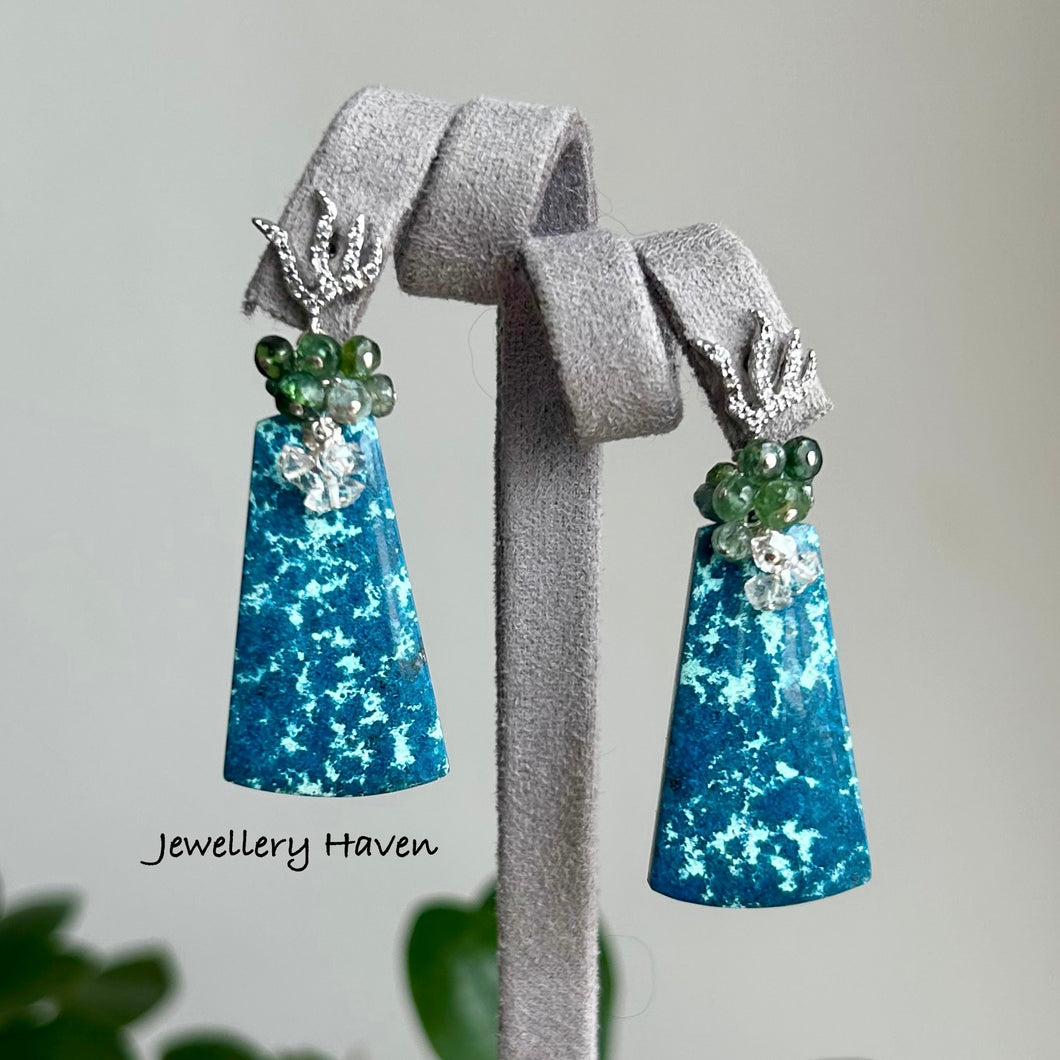 Shattuckite, green tourmaline and Herkimer quartz earrings
