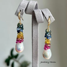 Load image into Gallery viewer, Multi colour sapphires and Edison pearl earrings