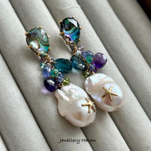 Load image into Gallery viewer, Iridescent starfish baroque pearl and abalone shell earrings
