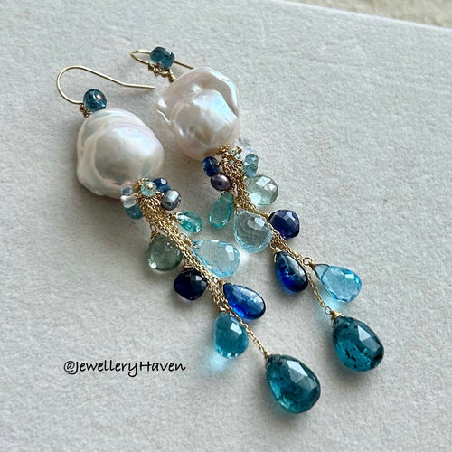 Baroque pearl with blue gems cluster earrings