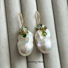 Load image into Gallery viewer, Iridescent baroque pearl, Ethiopian opal and green tourmaline earrings