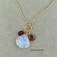 画像をギャラリービューアに読み込む, Blue flash moonstone, watermelon tourmaline slice toggle necklace