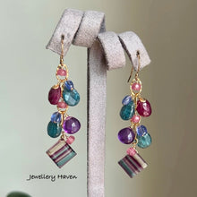 Load image into Gallery viewer, Multi hue banded fluorite, teal kyanite earrings