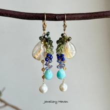 Carica l'immagine nel visualizzatore di Gallery, Golden rutilated quartz, Larimar, pearl earrings