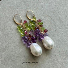 Load image into Gallery viewer, White Edison pearl, pink tourmaline, peridot and pink amethyst earrings