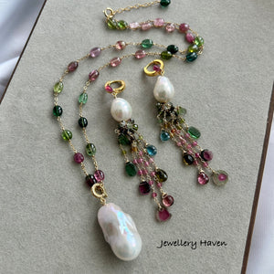 Edison pearl and tourmaline tassels earrings