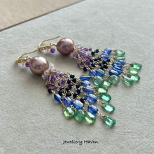 Load image into Gallery viewer, Edison Pearl, kyanite, tanzanite, sugilite and amethyst tassel earrings