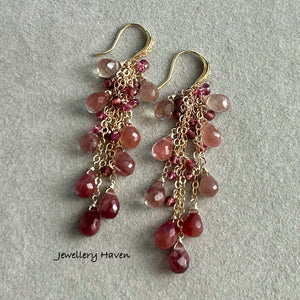 Andesine, pink tourmaline and garnet tassel earrings