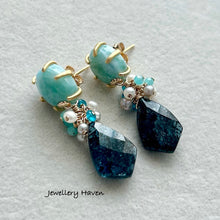 Laden Sie das Bild in den Galerie-Viewer, Teal moss kyanite with larimar studs earrings