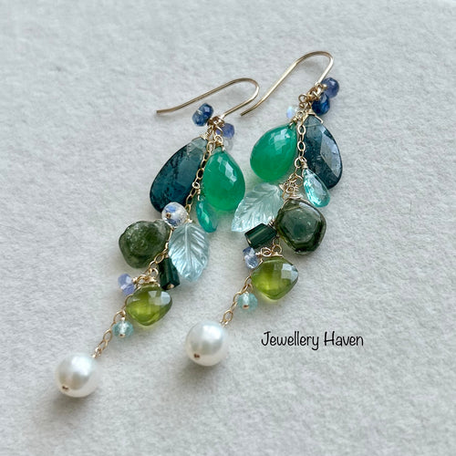 Blue green gems cluster earrings with rare green tourmaline slice
