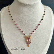 Cargar imagen en el visor de la galería, Red schiller oregon sunstone, tourmaline, spinel and spessartite necklace