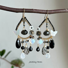 Load image into Gallery viewer, Black spinel, moonstone, snowflake obsidian chandelier earrings