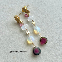 Carica l&#39;immagine nel visualizzatore di Gallery, Watermelon tourmaline, moonstone and opal earrings