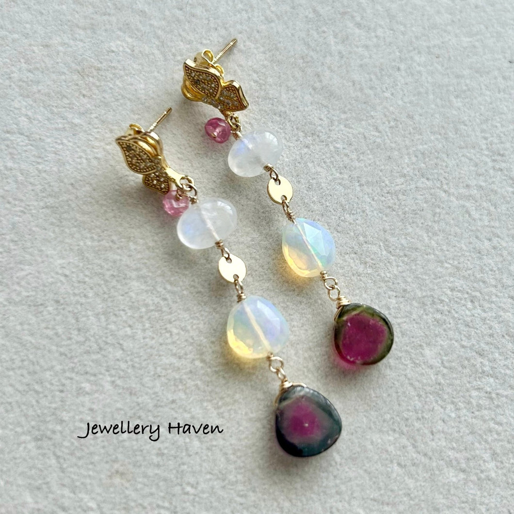 Watermelon tourmaline, moonstone and opal earrings