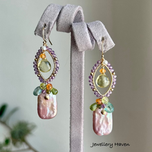 Load image into Gallery viewer, Lilac iridescent pearl, amethyst and peridot earrings