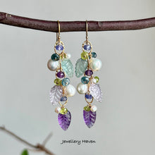 Load image into Gallery viewer, Pearl, amethyst, fluorite, pink amethyst carved leaf earrings