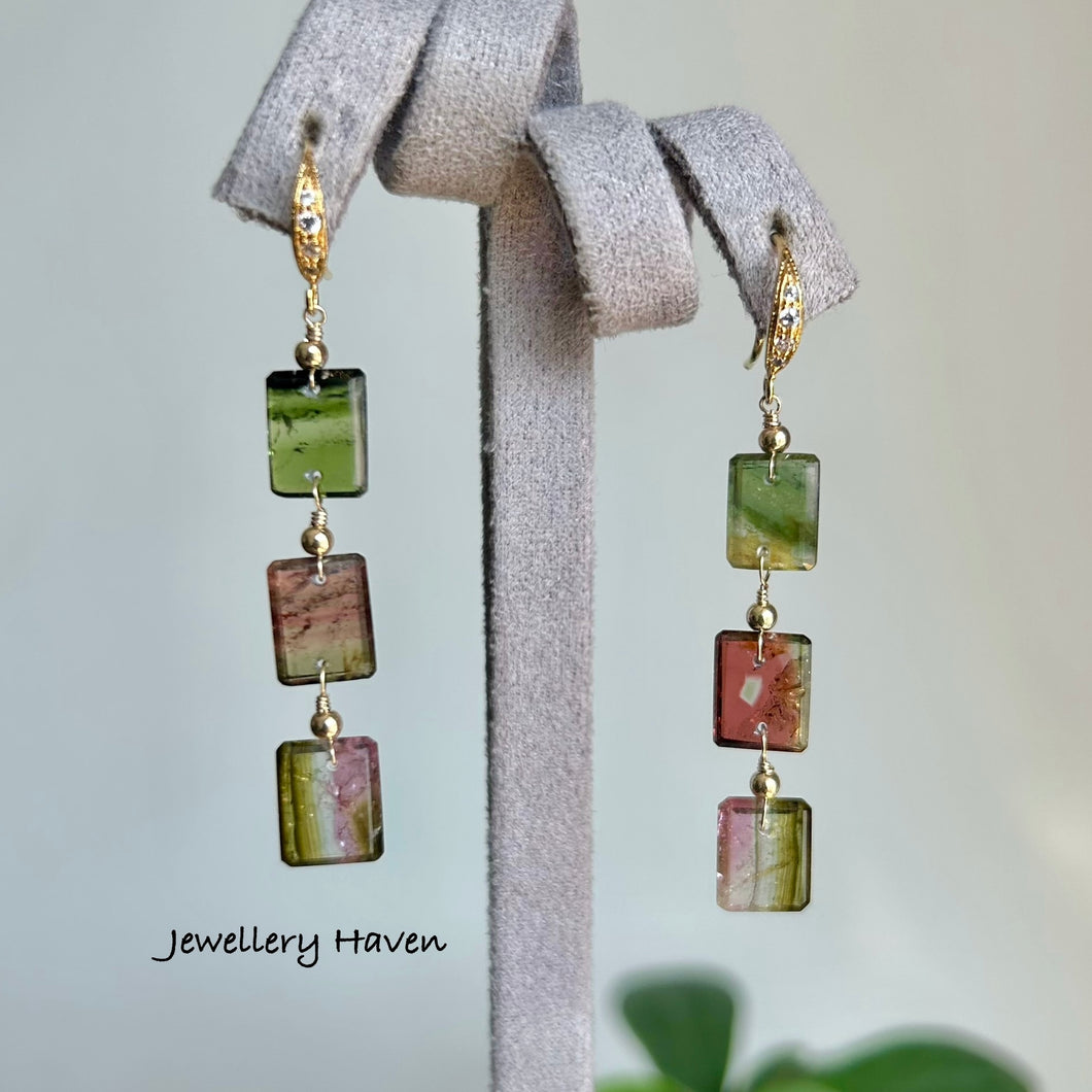 Rare tourmaline triple slice dangle earrings