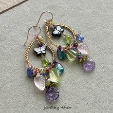 Charger l'image dans la galerie, Mother of pearl butterfly, amethyst, rose quartz, prehnite chandelier earrings