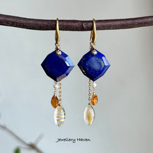 Carica l'immagine nel visualizzatore di Gallery, Lapis lazuli, citrine and golden rutilated quartz earrings