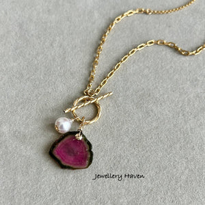 Watermelon tourmaline slice toggle necklace