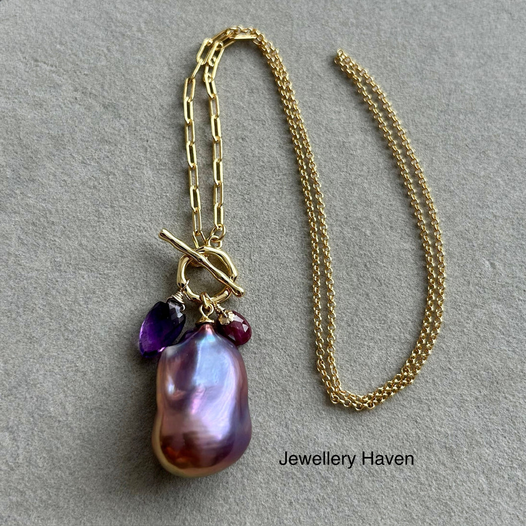 Deep purplish iridescent baroque pearl toggle necklace