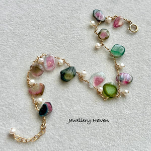 Watermelon tourmaline and pearl bracelet