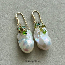 Load image into Gallery viewer, Iridescent baroque pearl, Ethiopian opal and green tourmaline earrings