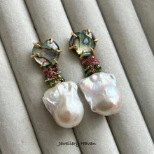 Load image into Gallery viewer, Tourmaline, baroque pearl and heart shape abalone shell stud earrings (detachable style)