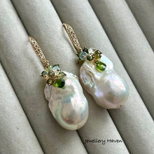 Load image into Gallery viewer, Iridescent baroque pearl, Ethiopian opal and green tourmaline earrings