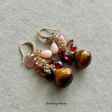 Charger l'image dans la galerie, Tiger eye, garnet, pink opal, champagne zircon earrings