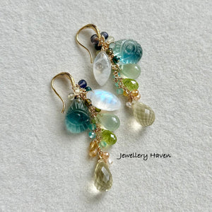 Teal green carved fluorite earrings