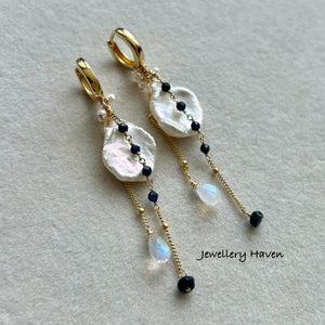 Keshi pearl, blue sapphire earrings