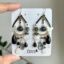 Load image into Gallery viewer, Black spinel, moonstone, snowflake obsidian chandelier earrings