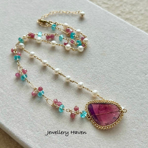 RESERVED FOR A ... Pink tourmaline slice, apatite and pearl necklace