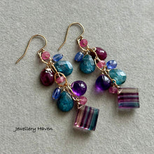 Load image into Gallery viewer, Multi hue banded fluorite, teal kyanite earrings