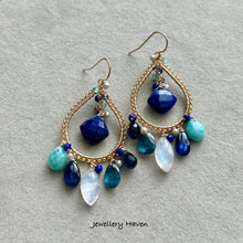 Load image into Gallery viewer, Lapis lazuli, moonstone, larimar, kyanite chandelier earrings