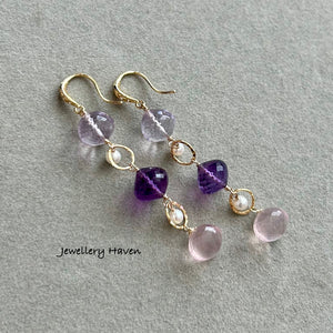 Pink amethyst, amethyst, rose quartz earrings