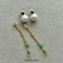Cargar imagen en el visor de la galería, Round pearl studs with peridot and chrysoprase dangle earrings