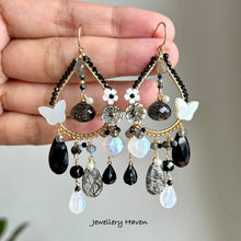 Load image into Gallery viewer, Black spinel, moonstone, snowflake obsidian chandelier earrings