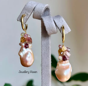 Pinkish peach baroque pearl hoop stud earrings
