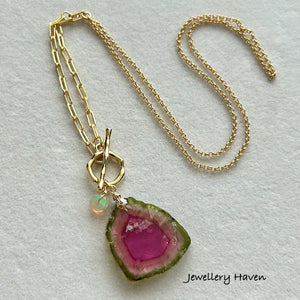 Large Watermelon tourmaline slice toggle necklace