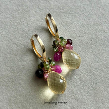 Laden Sie das Bild in den Galerie-Viewer, Lemon quartz, tourmaline, pink sapphire and garnet earrings