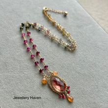 Cargar imagen en el visor de la galería, Red schiller oregon sunstone, tourmaline, spinel and spessartite necklace