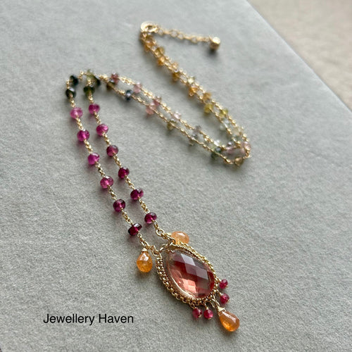 Red schiller oregon sunstone, tourmaline, spinel and spessartite necklace