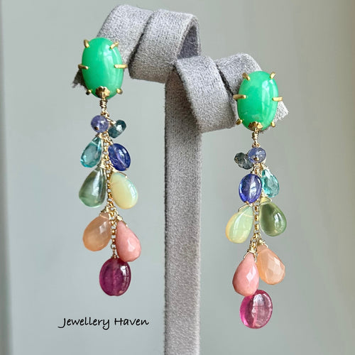 Rainbow theme gems dangle and Australian chrydoprase stud earring