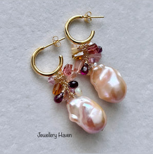 Pinkish peach baroque pearl hoop stud earrings