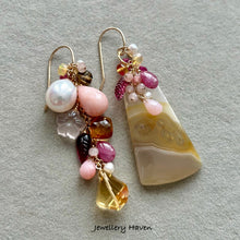 Load image into Gallery viewer, Orbicular yellow agate asymmetrical earrings